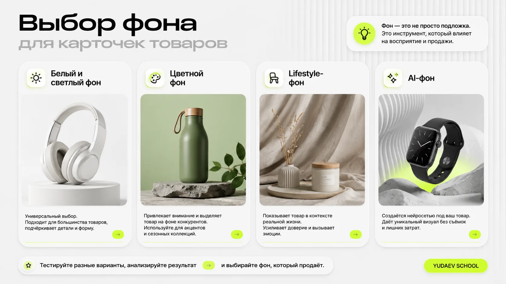 Варианты фона для карточек товара: белый, цветной, lifestyle и AI-фон